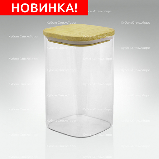 Банка 1,1 л стеклянная квадратная с бамбуковой крышкой оптом и по оптовым ценам в Волгограде